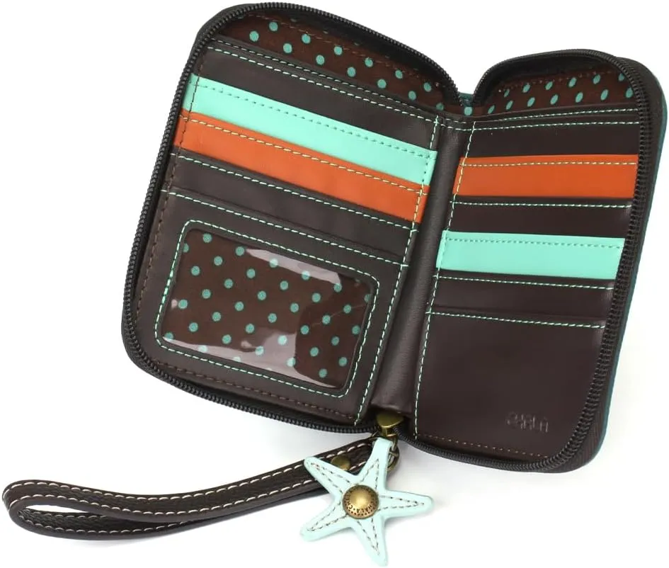CHALA Zip Around Wallet, Wristlet, 8 Credit Card Slots, Sturdy Pu Leather - Dolphin - Blue