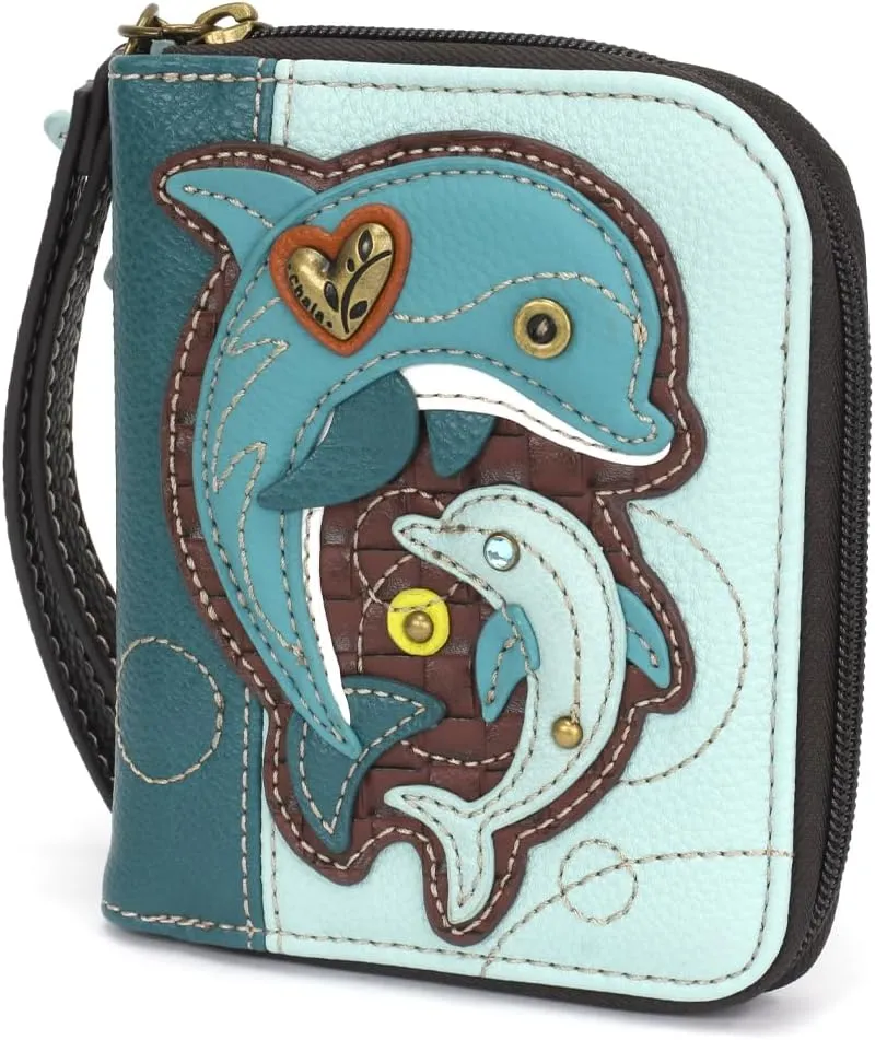 CHALA Zip Around Wallet, Wristlet, 8 Credit Card Slots, Sturdy Pu Leather - Dolphin - Blue