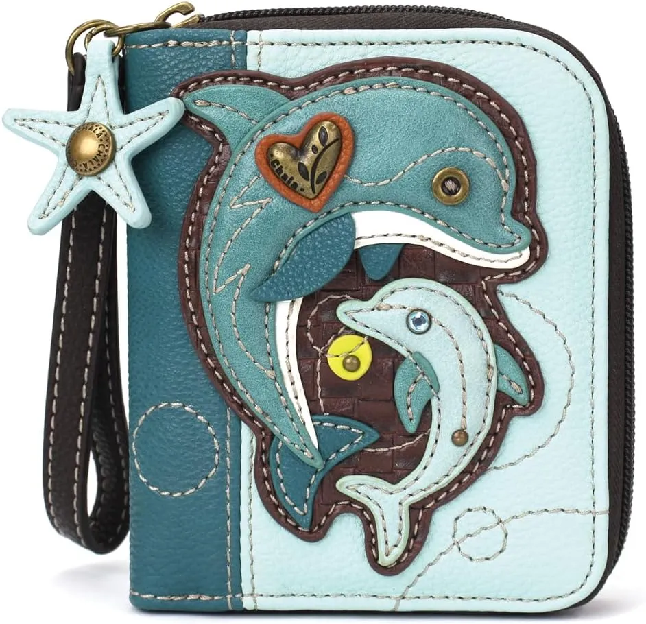CHALA Zip Around Wallet, Wristlet, 8 Credit Card Slots, Sturdy Pu Leather - Dolphin - Blue