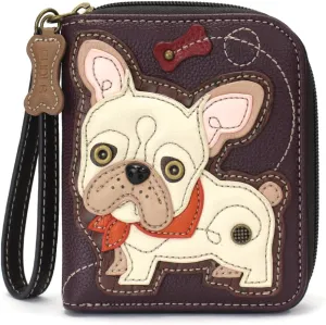 CHALA Zip Around Wallet, Wristlet, 8 Credit Card Slots, Sturdy Pu Leather - French Bulldog - Plum