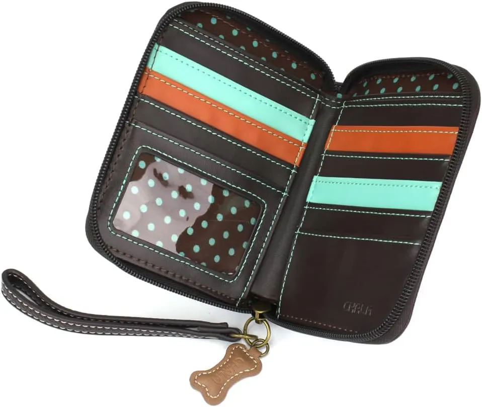 CHALA Zip Around Wallet, Wristlet, 8 Credit Card Slots, Sturdy Pu Leather - French Bulldog - Plum
