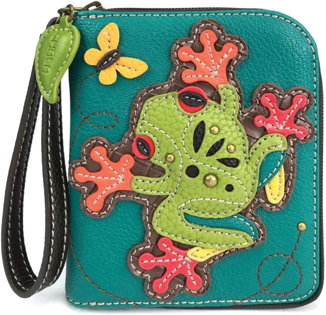 CHALA Zip Around Wallet, Wristlet, 8 Credit Card Slots, Sturdy Pu Leather - Frog - Turquoise