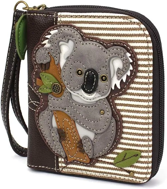 CHALA Zip Around Wallet, Wristlet, 8 Credit Card Slots, Sturdy Pu Leather - Koala - Brown Stripe