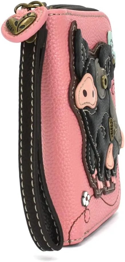 CHALA Zip Around Wallet, Wristlet, 8 Credit Card Slots, Sturdy Pu Leather - Spotted Black Pig - Pink