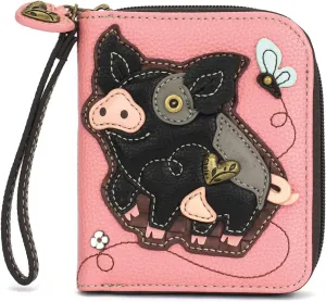 CHALA Zip Around Wallet, Wristlet, 8 Credit Card Slots, Sturdy Pu Leather - Spotted Black Pig - Pink
