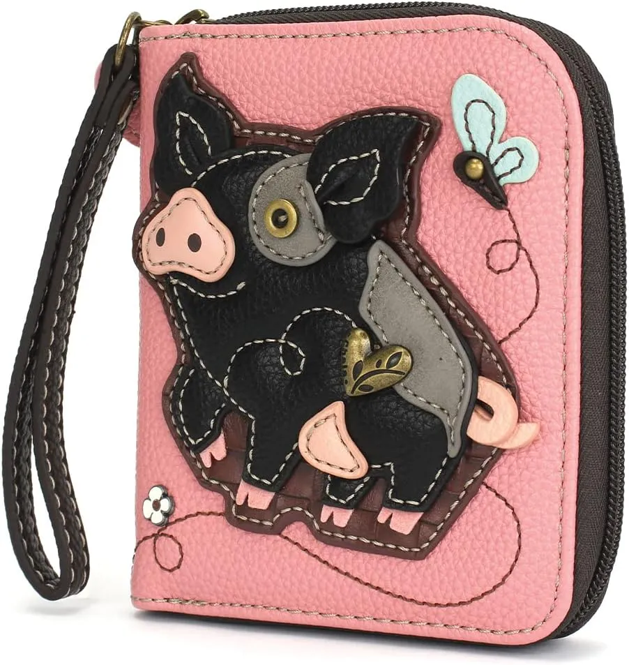 CHALA Zip Around Wallet, Wristlet, 8 Credit Card Slots, Sturdy Pu Leather - Spotted Black Pig - Pink