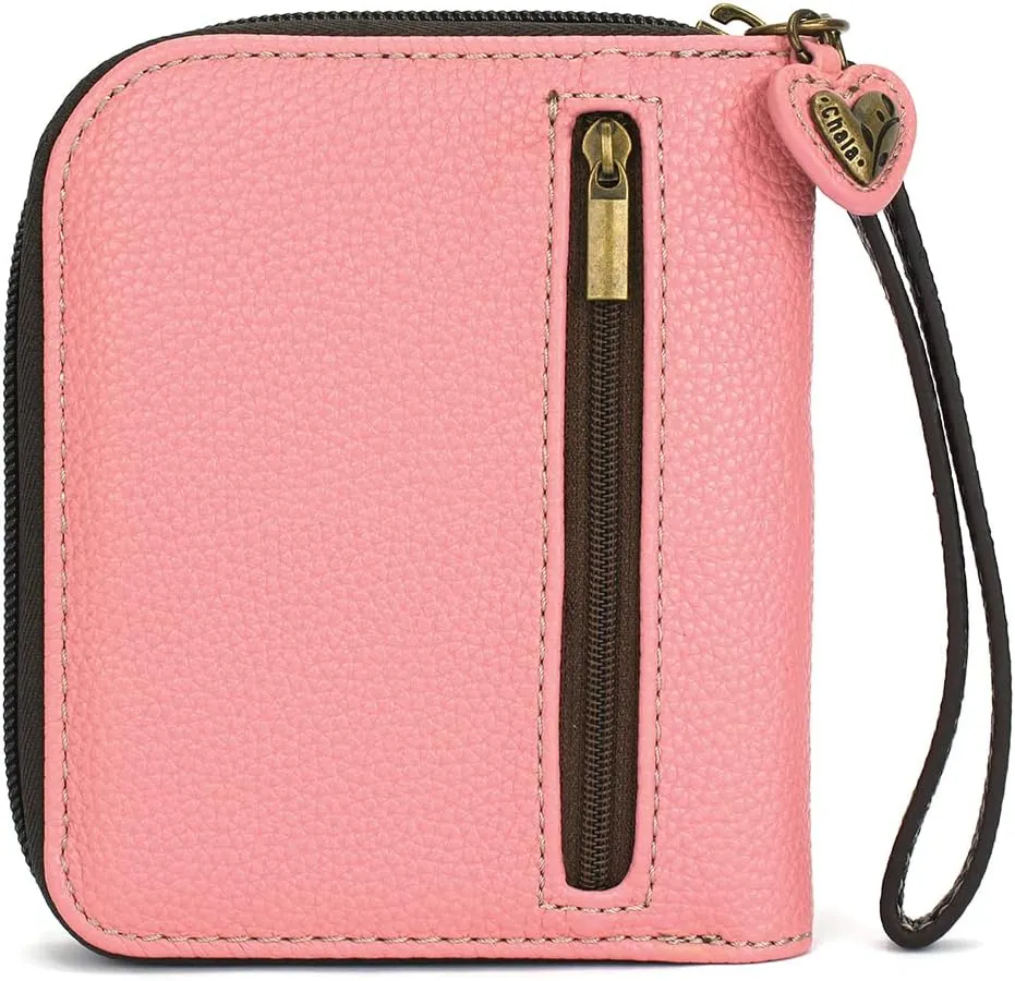 CHALA Zip Around Wallet, Wristlet, 8 Credit Card Slots, Sturdy Pu Leather - Spotted Black Pig - Pink