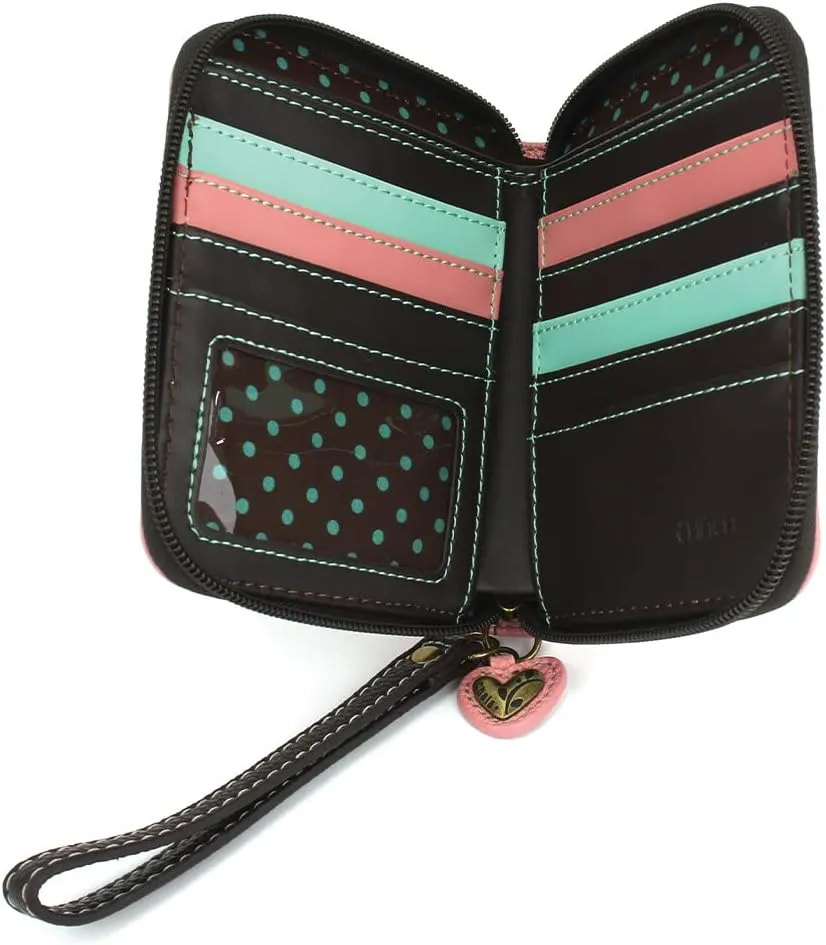 CHALA Zip Around Wallet, Wristlet, 8 Credit Card Slots, Sturdy Pu Leather - Spotted Black Pig - Pink