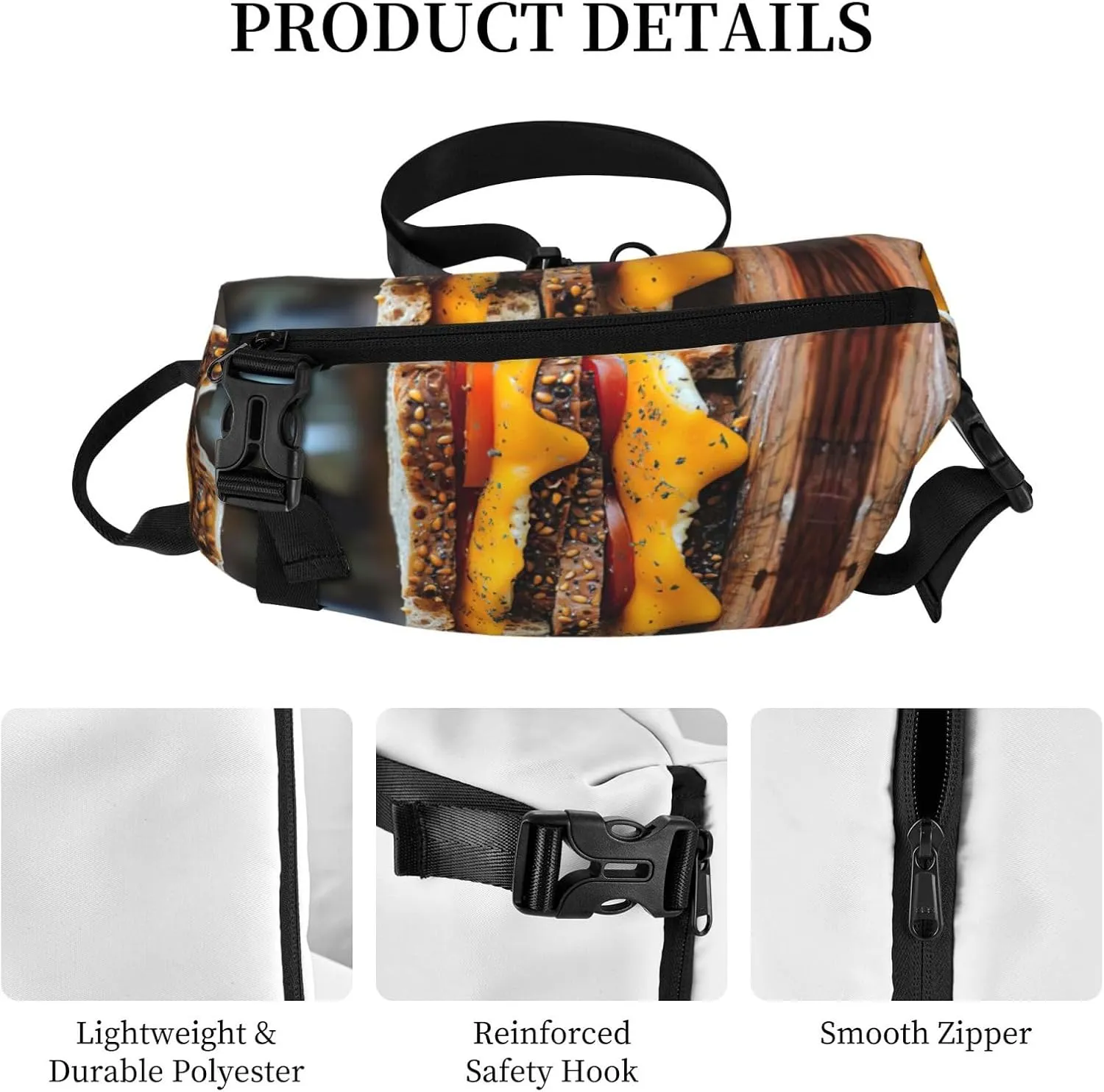 Cheese Sandwiches Print Crossbody Backpack Casual Sling Bag Travel Lightweight, Adjustable Cross Bag