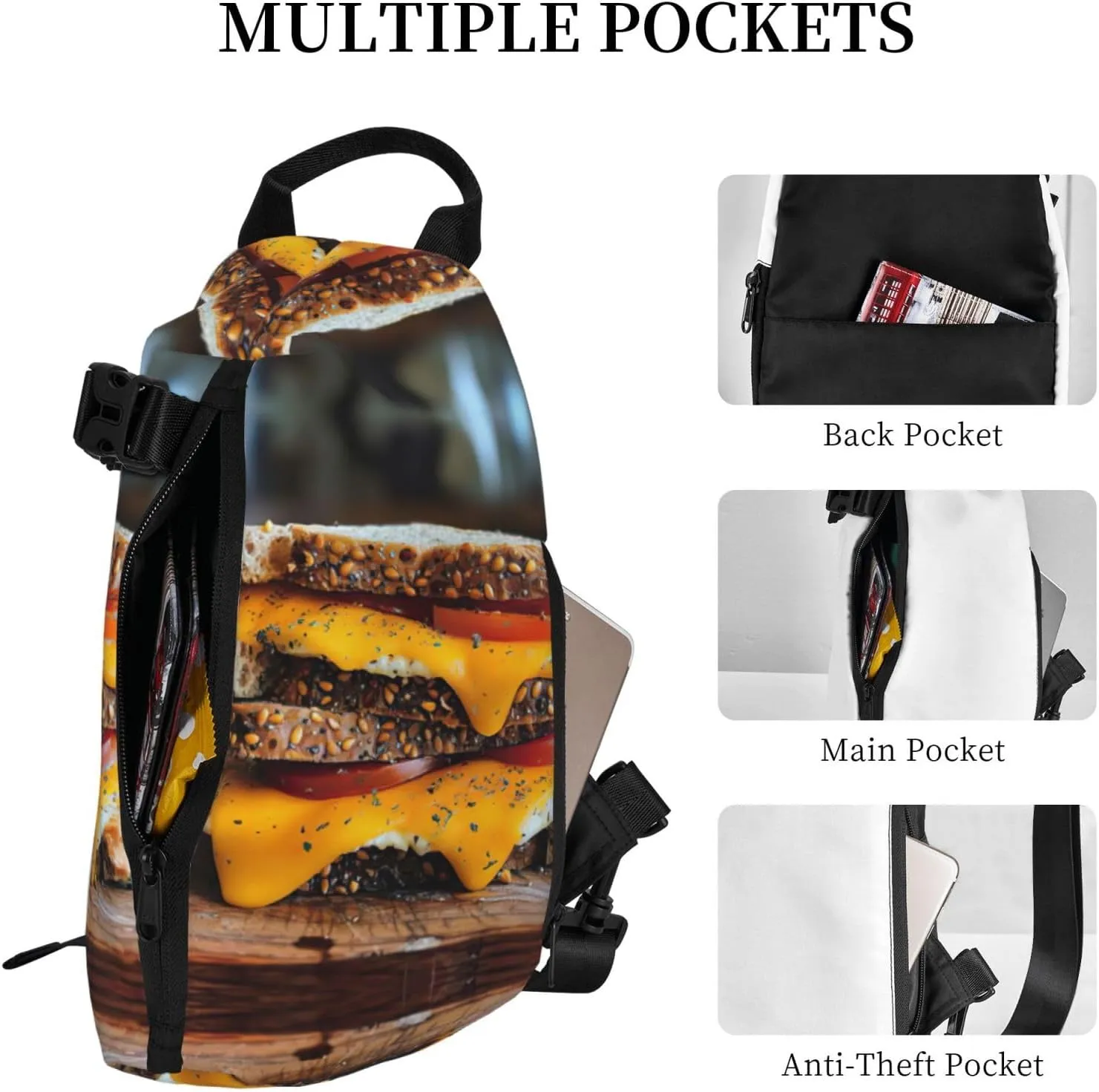 Cheese Sandwiches Print Crossbody Backpack Casual Sling Bag Travel Lightweight, Adjustable Cross Bag