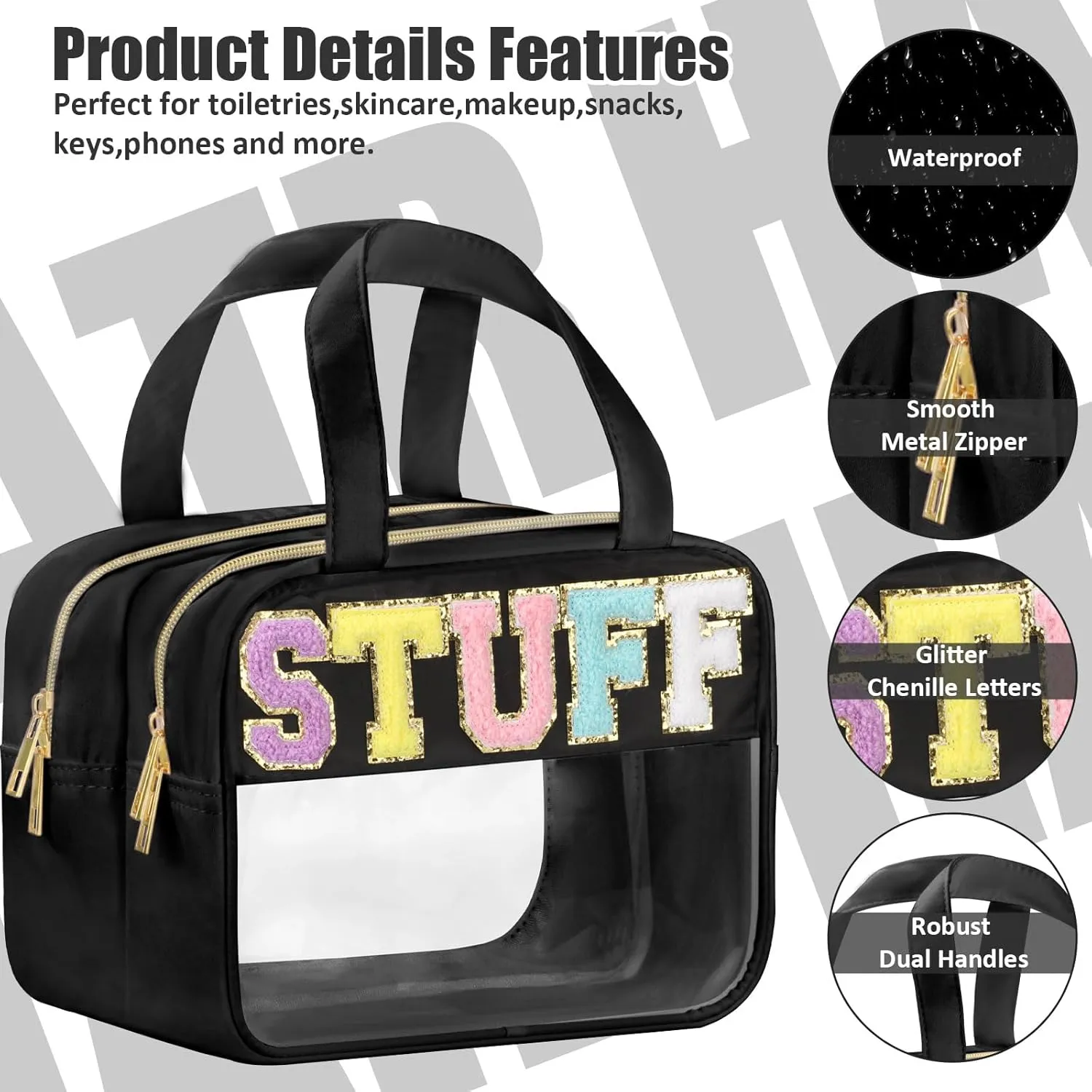 Chenille Letter Makeup Bag, Clear Stuff Bag for Travel, Preppy Patch Nylon Cosmetic Bag With Handles and Zipper, Waterproof Large Toiletry Storage Bag for Women Black