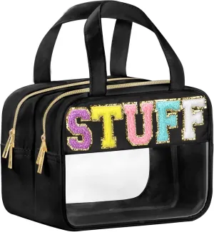 Chenille Letter Makeup Bag, Clear Stuff Bag for Travel, Preppy Patch Nylon Cosmetic Bag With Handles and Zipper, Waterproof Large Toiletry Storage Bag for Women Black
