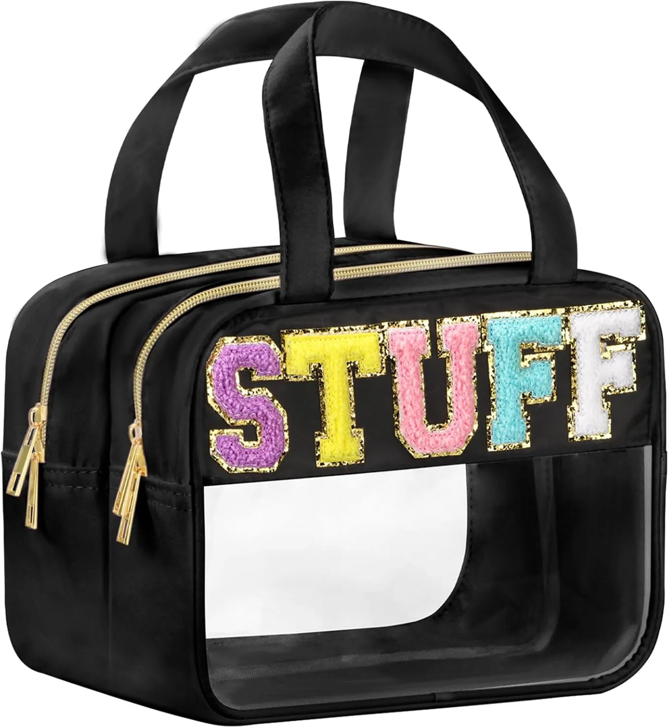 Chenille Letter Makeup Bag, Clear Stuff Bag for Travel, Preppy Patch Nylon Cosmetic Bag With Handles and Zipper, Waterproof Large Toiletry Storage Bag for Women Black