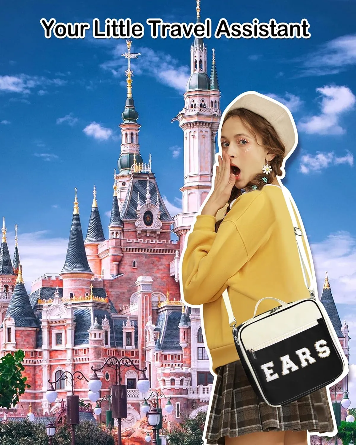Chenille Letter Mouse Ears Headband Bag Holder Travel Case with Shoulder Strap Multipocket 11"x11"x4.5"