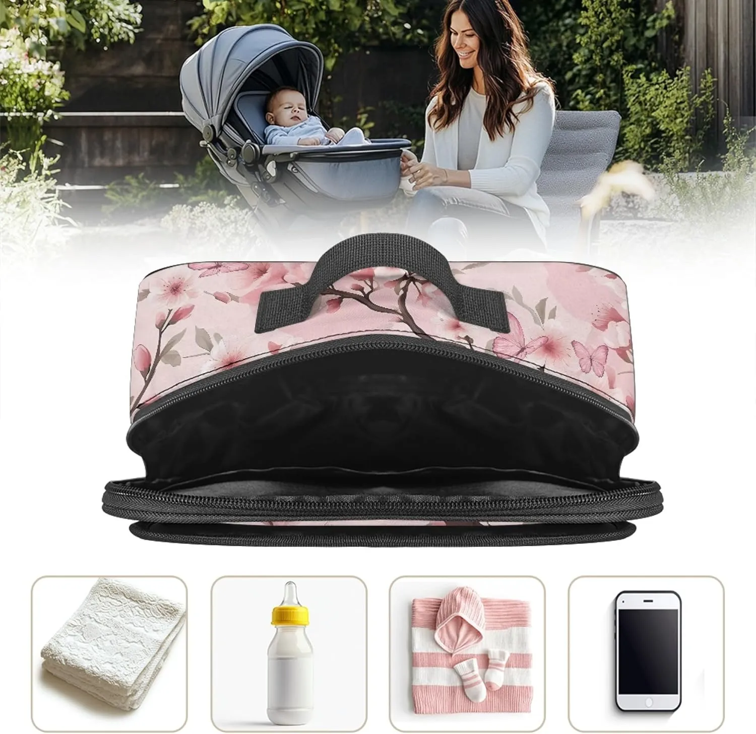 Cherry Blooms Diaper Bag Purse Pink Butterfly Mini Diaper Bag Crossbody Outdoor Storage Bin for Diapers Lightweight Diaper Caddy with Pocket