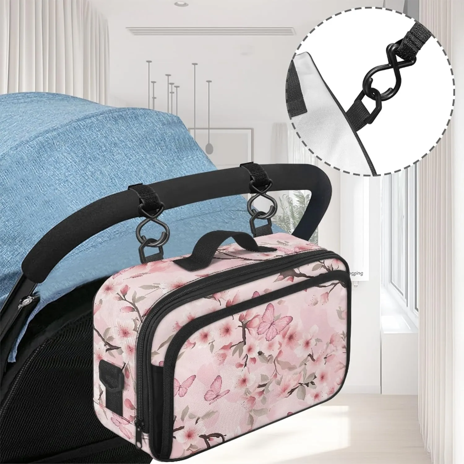 Cherry Blooms Diaper Bag Purse Pink Butterfly Mini Diaper Bag Crossbody Outdoor Storage Bin for Diapers Lightweight Diaper Caddy with Pocket