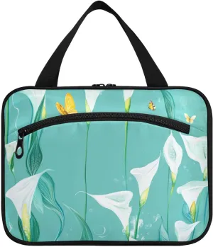 Chic Calla Lily Turquoise Flowers hanging travel toiletry bags for women with hook, designer accessories bag for makeup for travel essentials for women camping bolso viajero para mujer L