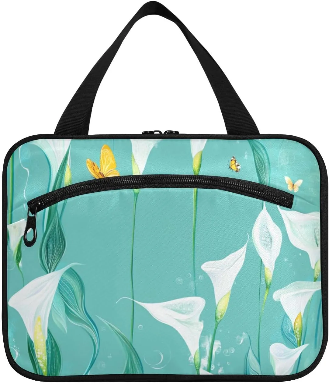 Chic Calla Lily Turquoise Flowers hanging travel toiletry bags for women with hook, designer accessories bag for makeup for travel essentials for women camping bolso viajero para mujer L