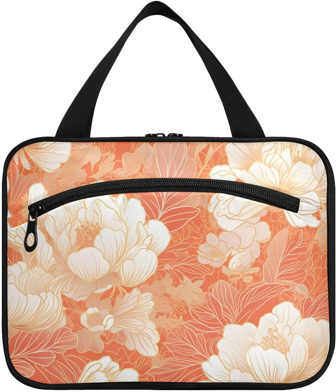 Chinese Style Floral Peach Gold hanging travel bag for men with hook, designer fashion waterproof cosmetic bag for travel accessories backpacking bolsa de maquillaje para mujer L