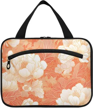 Chinese Style Floral Peach Gold hanging travel bag for men with hook, designer fashion waterproof cosmetic bag for travel accessories backpacking bolsa de maquillaje para mujer L