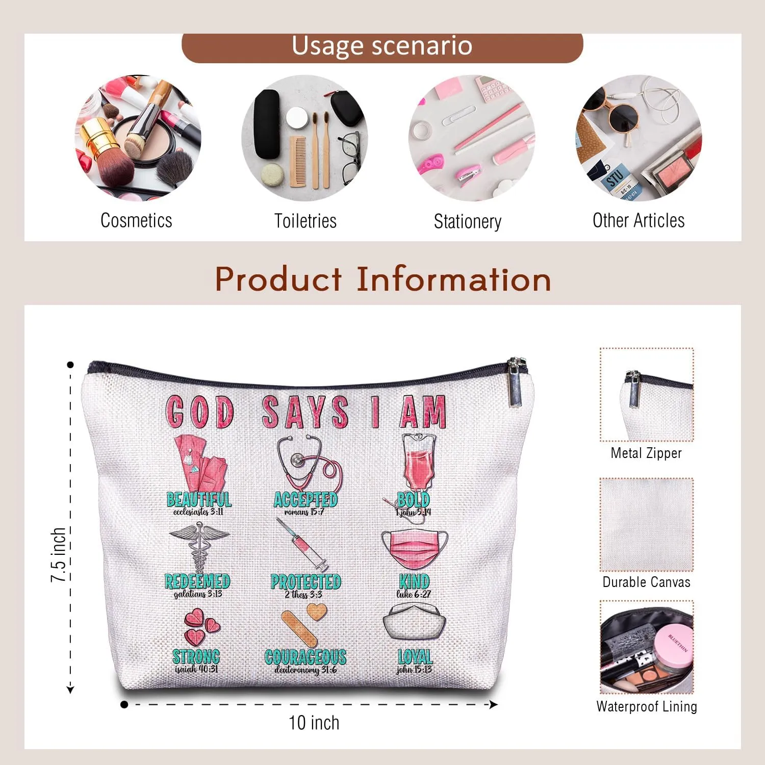 Christian Nurse Doctors Makeup Bag - Nurse Gifts for Women, Doctor Gifts, Bible Verse Cosmetic Bag for Purse Travel Bag, Christian Gifts for Nurses Doctors