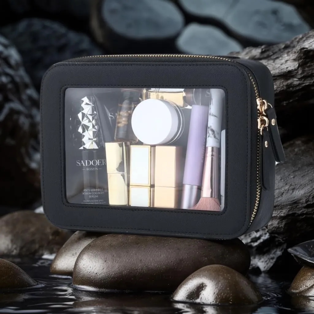 Clear Cosmetic Bag for Women | Waterproof Travel Toiletry Organizer with TSA Lock | Zippered Makeup Bag | Clear Storage Bag for Vacation & Gym（Black,Medium