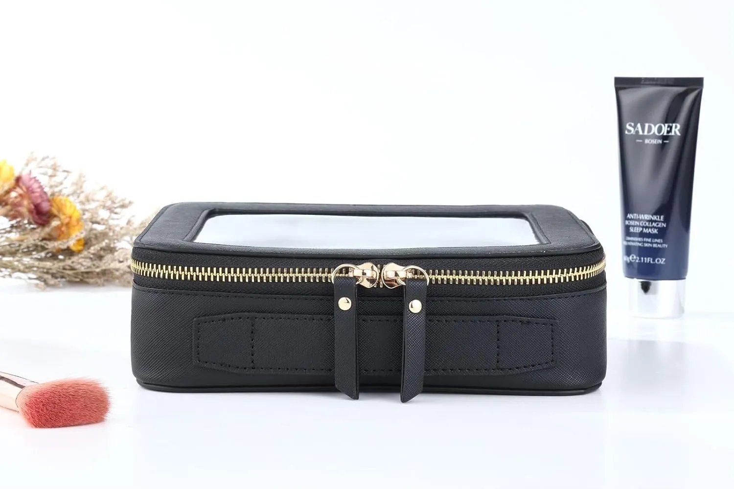 Clear Cosmetic Bag for Women | Waterproof Travel Toiletry Organizer with TSA Lock | Zippered Makeup Bag | Clear Storage Bag for Vacation & Gym（Black,Medium