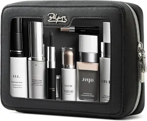 Clear Makeup Bag Cosmetic Case: Small Make up Bags for Purse - TSA approved Toiletry Bag for Women - Waterproof Travel Pouch with Zipper - Cute Makeup Organizer Skincare Bag for Car (Standard, Black)