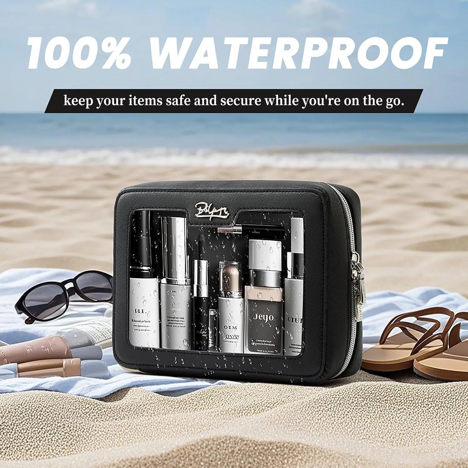 Clear Makeup Bag Cosmetic Case: Small Make up Bags for Purse - TSA approved Toiletry Bag for Women - Waterproof Travel Pouch with Zipper - Cute Makeup Organizer Skincare Bag for Car (Standard, Black)