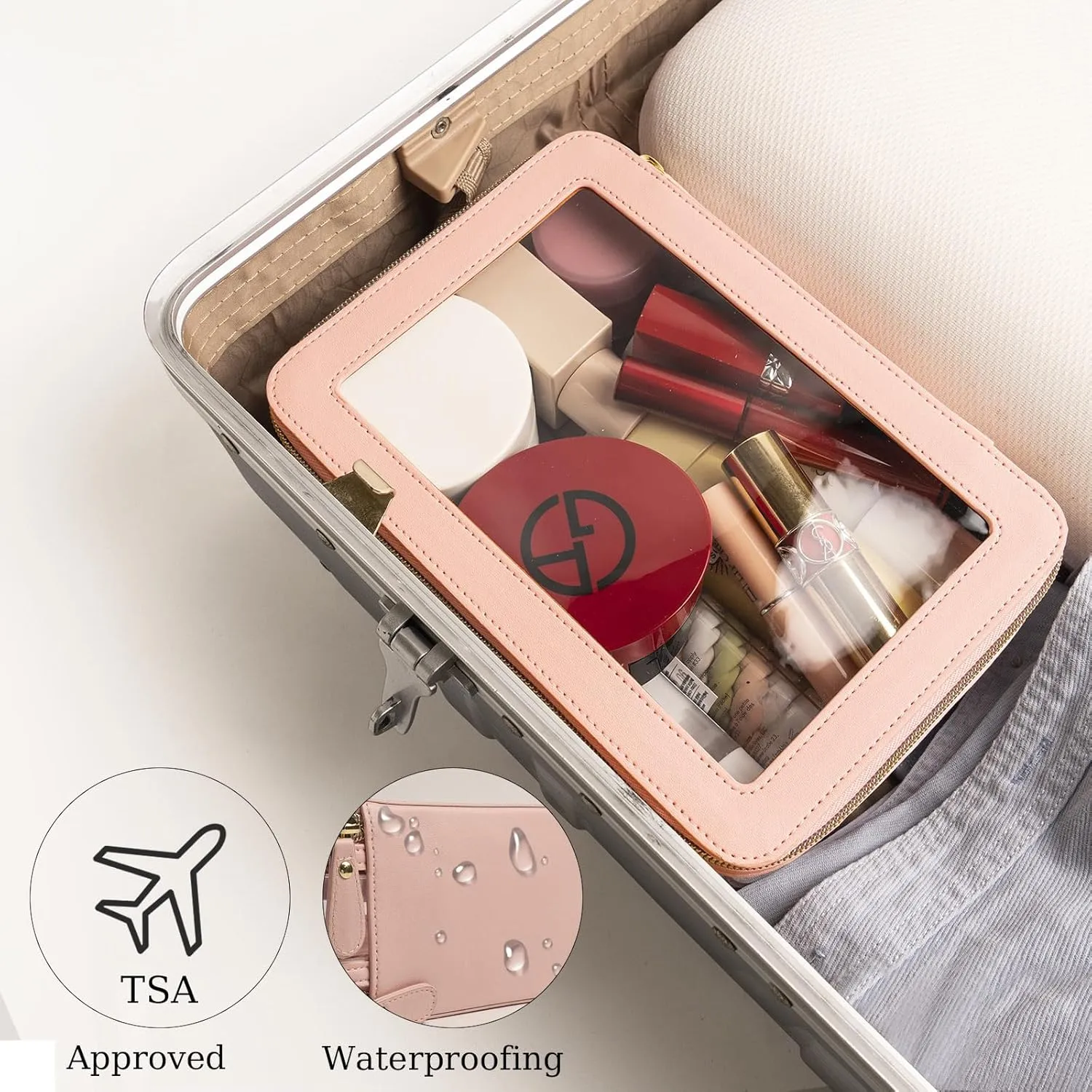 Clear Makeup Bag Double Layer Two Sided With Zipper Pink Square Cosmetic large Make Up Case Compartments Brush Travel Leather Toiletry Women Organizer Multipurpose Transparent Waterproof Pouch