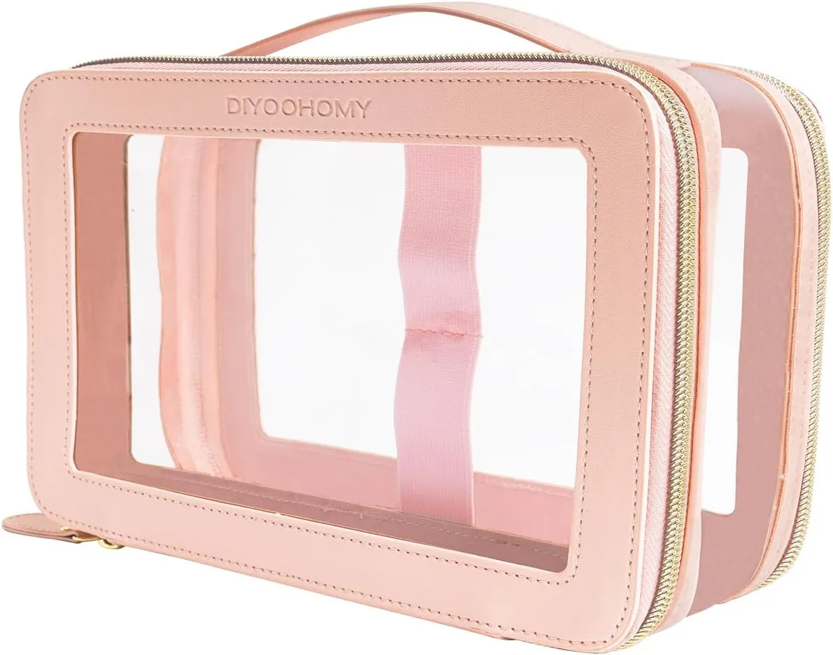 Clear Makeup Bag Double Layer Two Sided With Zipper Pink Square Cosmetic large Make Up Case Compartments Brush Travel Leather Toiletry Women Organizer Multipurpose Transparent Waterproof Pouch