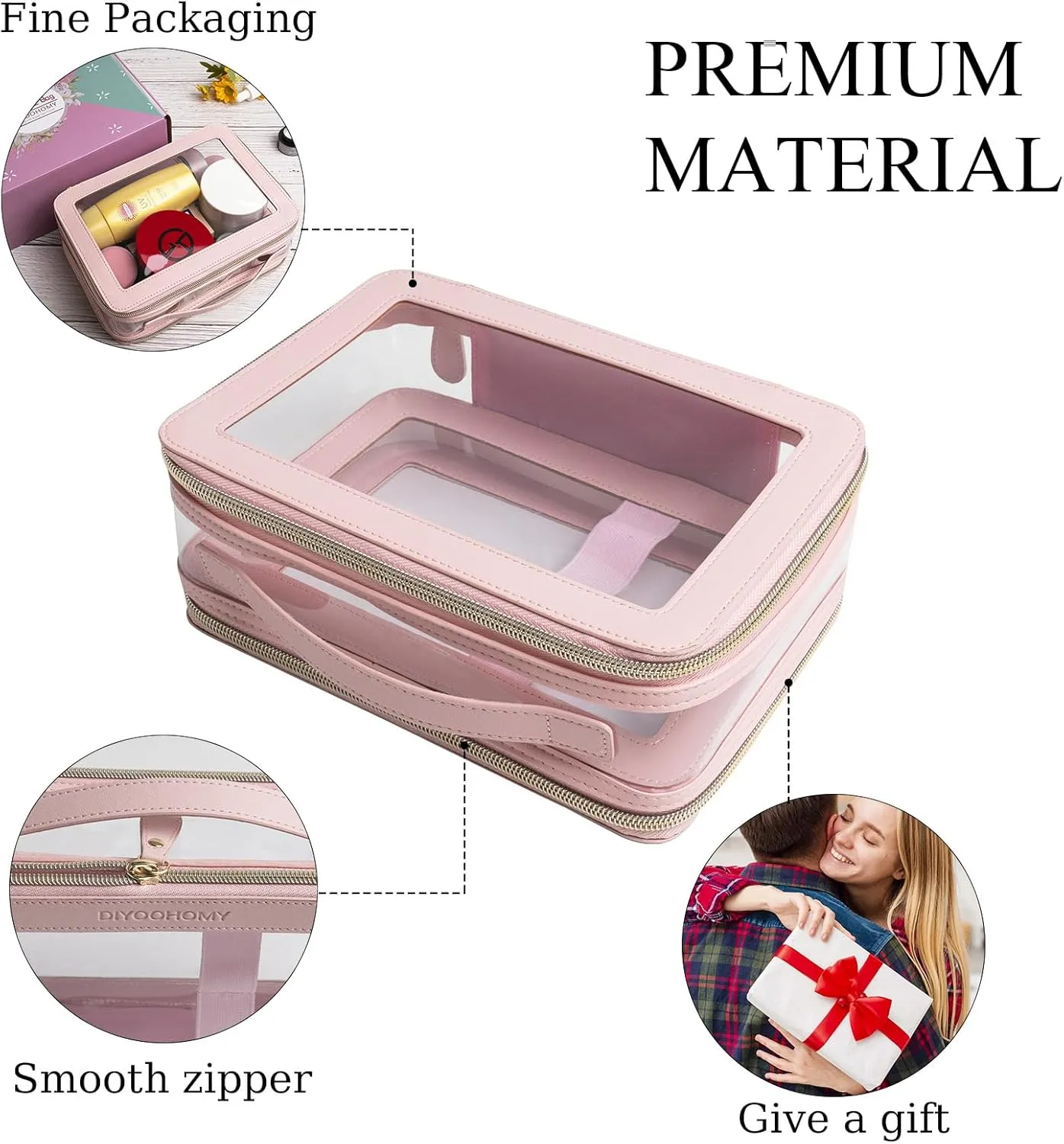 Clear Makeup Bag Double Layer Two Sided With Zipper Pink Square Cosmetic large Make Up Case Compartments Brush Travel Leather Toiletry Women Organizer Multipurpose Transparent Waterproof Pouch