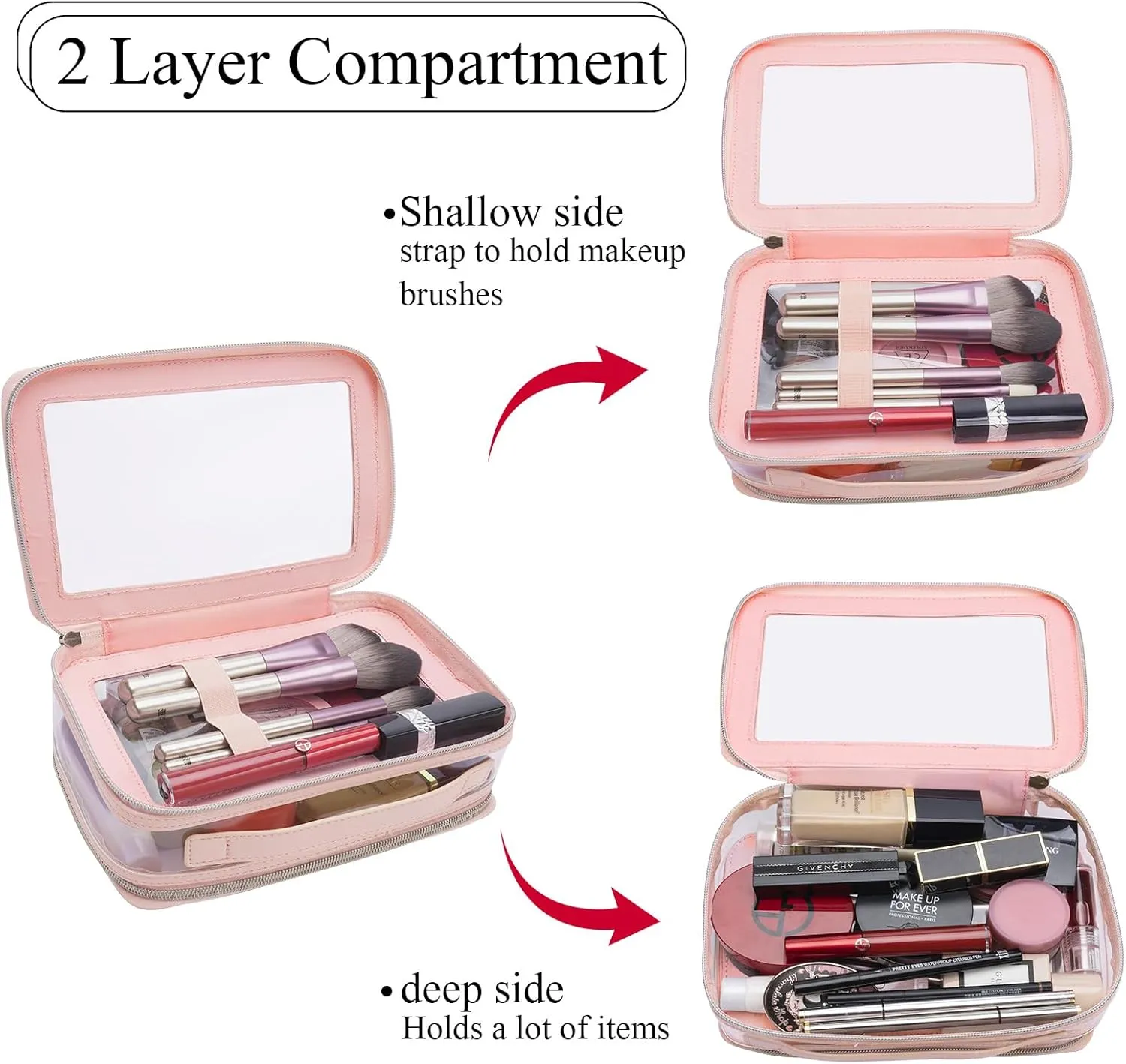 Clear Makeup Bag Double Layer Two Sided With Zipper Pink Square Cosmetic large Make Up Case Compartments Brush Travel Leather Toiletry Women Organizer Multipurpose Transparent Waterproof Pouch