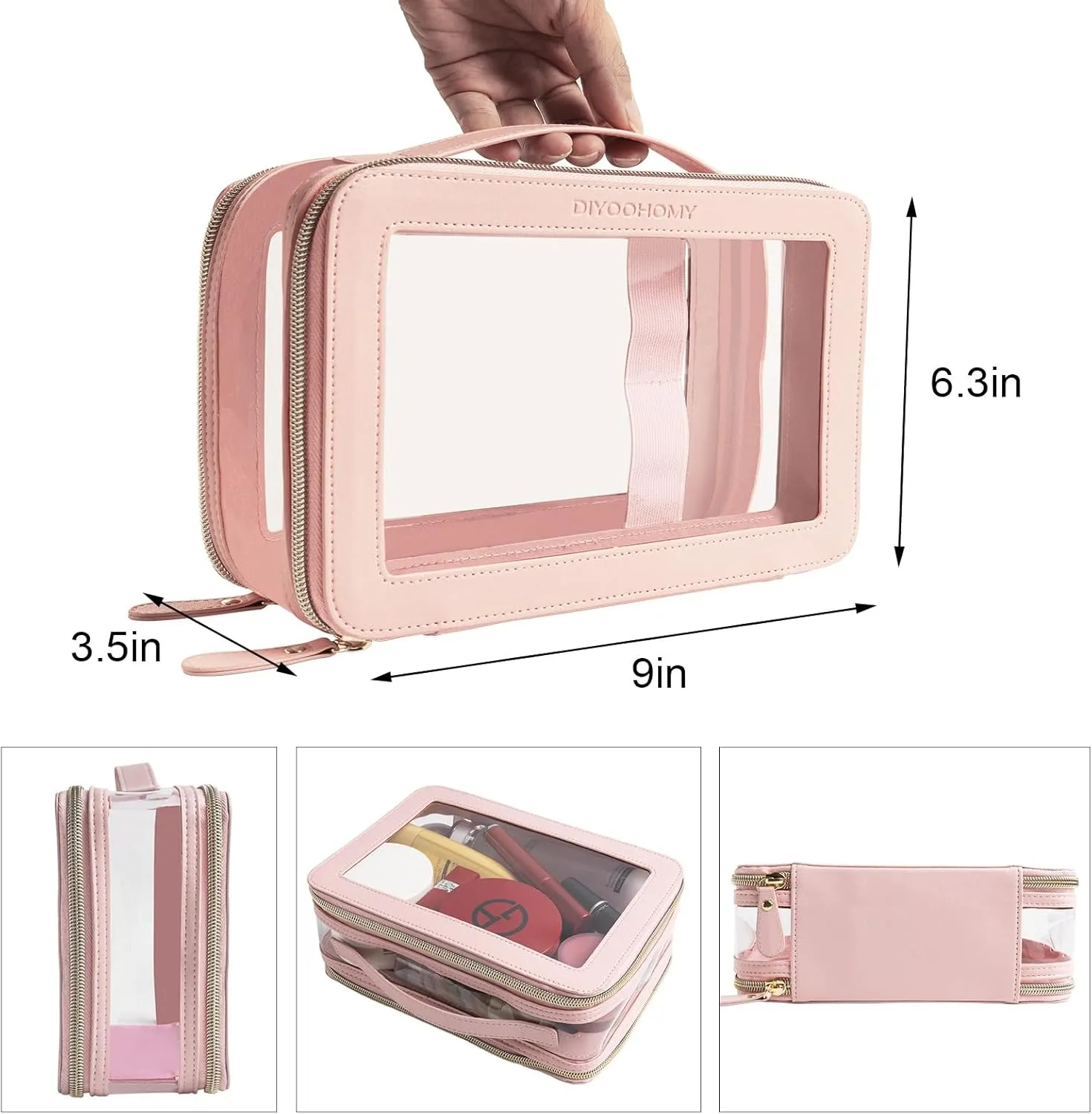 Clear Makeup Bag Double Layer Two Sided With Zipper Pink Square Cosmetic large Make Up Case Compartments Brush Travel Leather Toiletry Women Organizer Multipurpose Transparent Waterproof Pouch