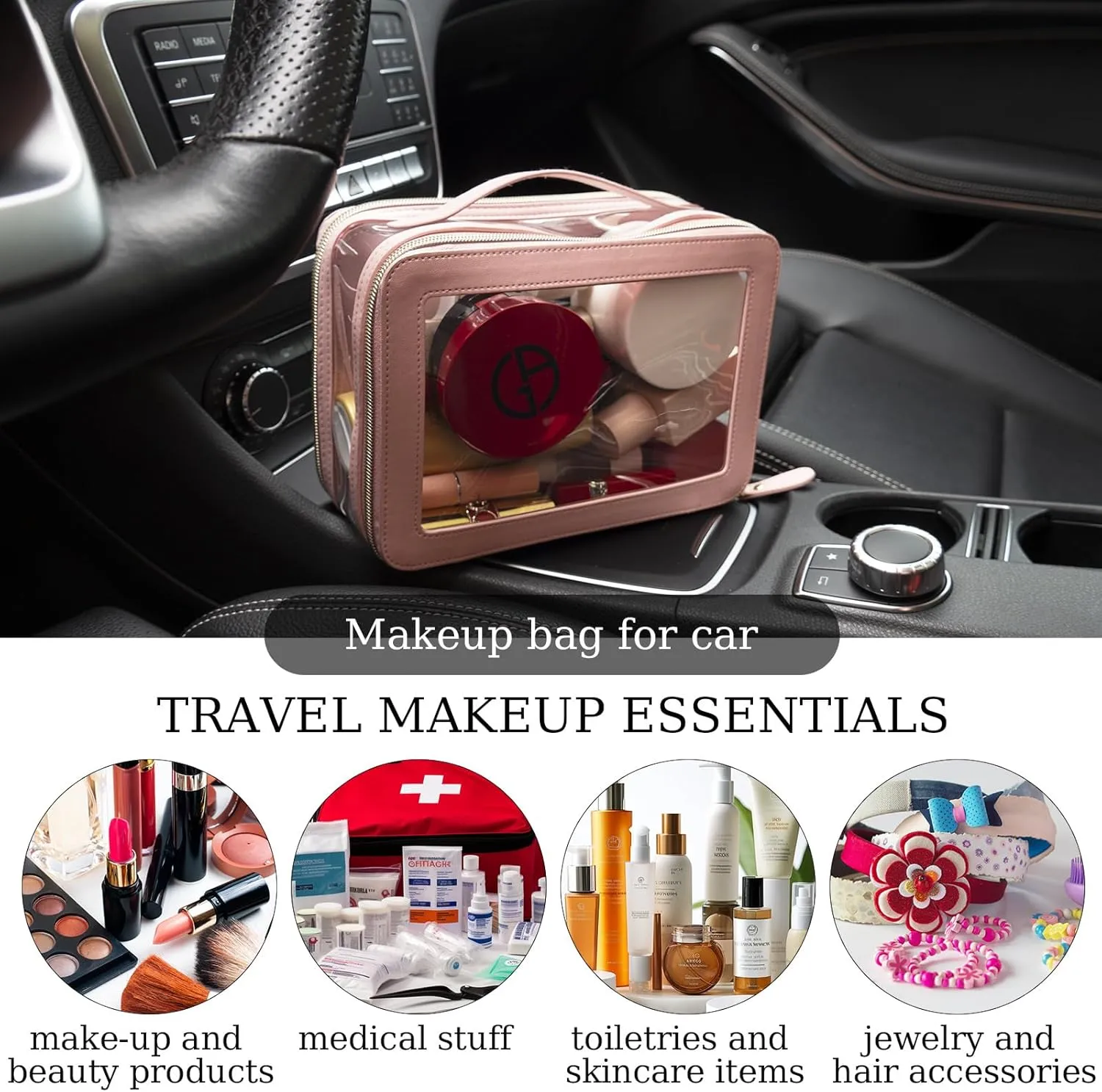 Clear Makeup Bag Double Layer Two Sided With Zipper Pink Square Cosmetic large Make Up Case Compartments Brush Travel Leather Toiletry Women Organizer Multipurpose Transparent Waterproof Pouch