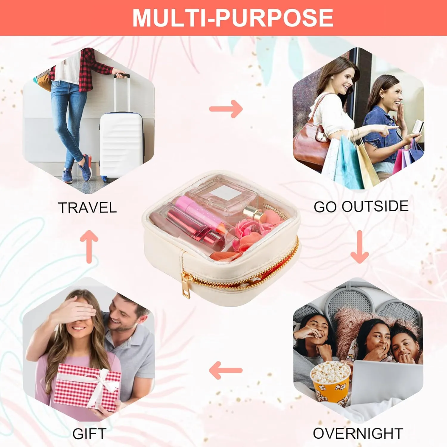 Clear Makeup Bag for Purse 2 Pcs Small Nylon Zipper Pouch Mini Travel Cosmetic Bag Clear Toiletry Bags for Traveling Cute Makeup Organizer for Women (2pcs beige clear)