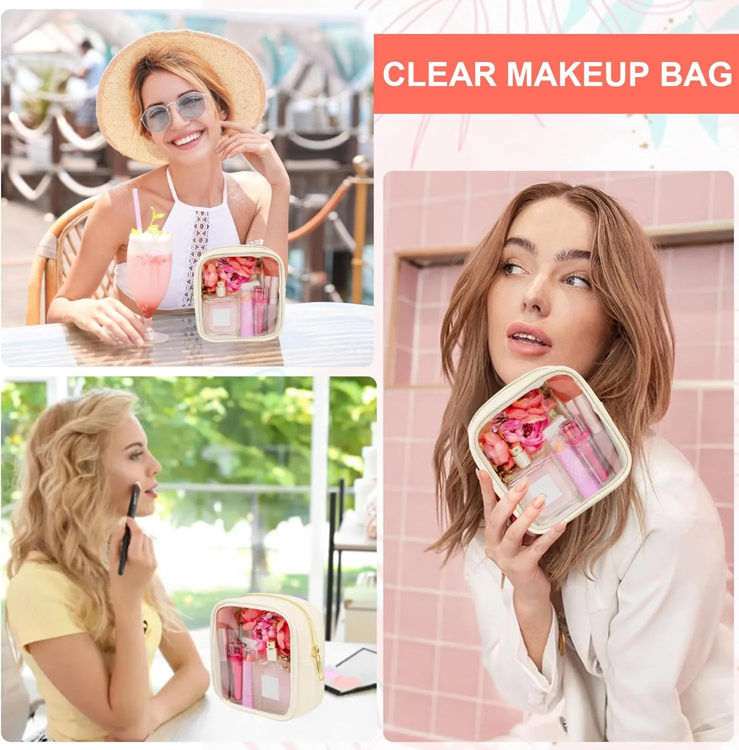 Clear Makeup Bag for Purse 2 Pcs Small Nylon Zipper Pouch Mini Travel Cosmetic Bag Clear Toiletry Bags for Traveling Cute Makeup Organizer for Women (2pcs beige clear)