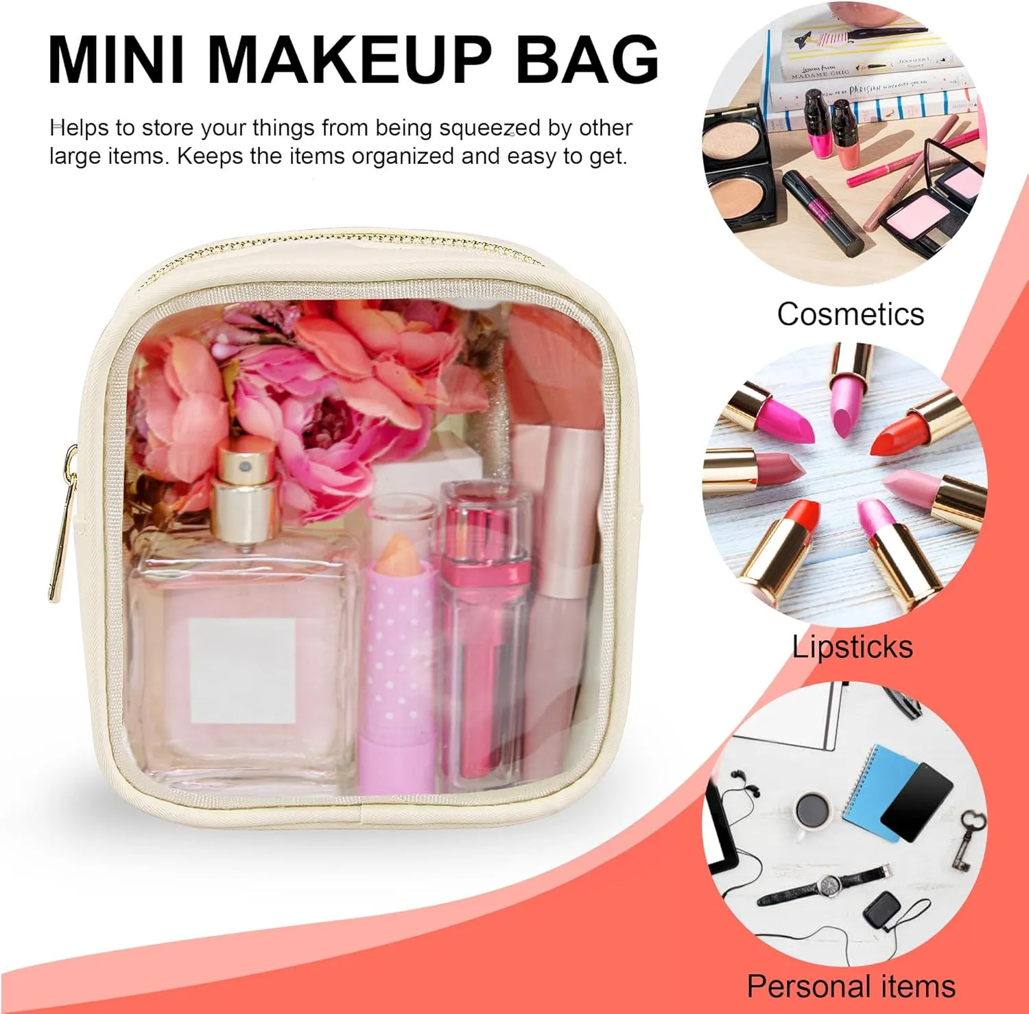 Clear Makeup Bag for Purse 2 Pcs Small Nylon Zipper Pouch Mini Travel Cosmetic Bag Clear Toiletry Bags for Traveling Cute Makeup Organizer for Women (2pcs beige clear)