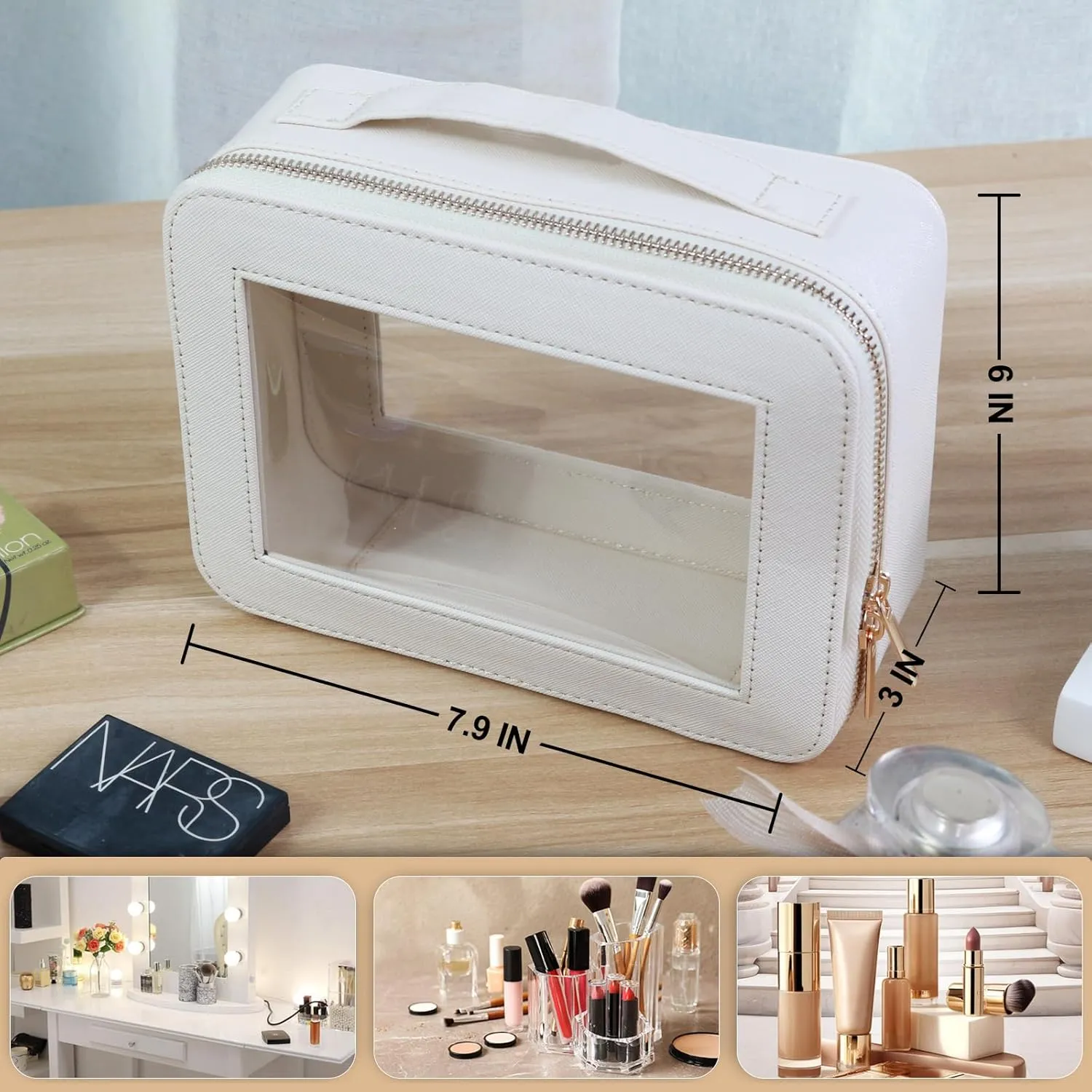 Clear Makeup Bag for Women - Cosmetic Case Travel Toiletry Bag with Metal Zipper Portable Makeup Organizer Storage Bag for Travel Essentials(Beige)
