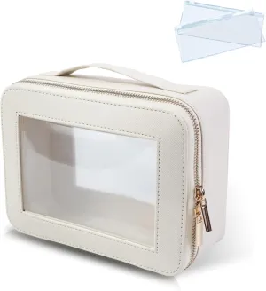 Clear Makeup Bag for Women - Cosmetic Case Travel Toiletry Bag with Metal Zipper Portable Makeup Organizer Storage Bag for Travel Essentials(Beige)