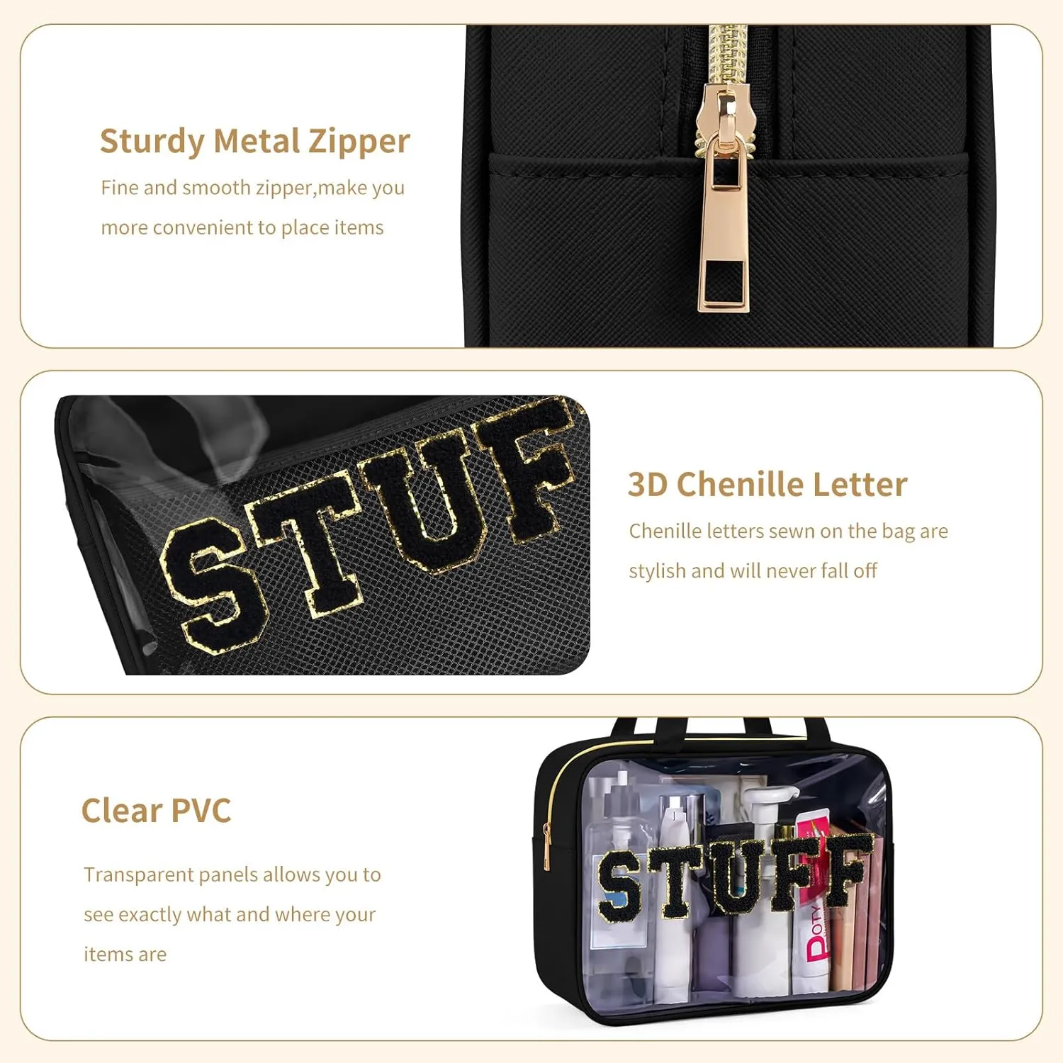 Clear Makeup Bag Transparent Cosmetic Bag Organizer for Women Waterproof Travel Toiletry Bag Portable Make up Bag with Chenille Letter, Large, Black