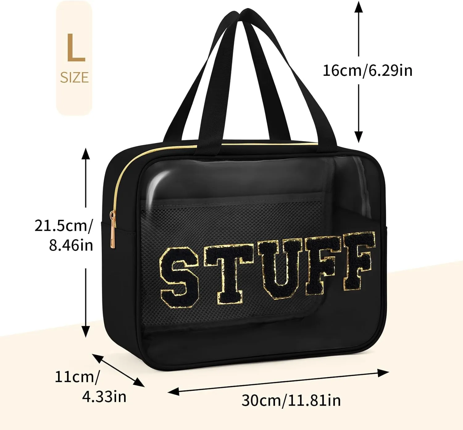 Clear Makeup Bag Transparent Cosmetic Bag Organizer for Women Waterproof Travel Toiletry Bag Portable Make up Bag with Chenille Letter, Large, Black