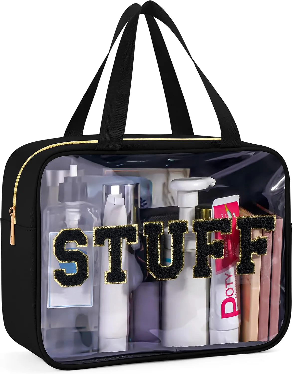 Clear Makeup Bag Transparent Cosmetic Bag Organizer for Women Waterproof Travel Toiletry Bag Portable Make up Bag with Chenille Letter, Large, Black