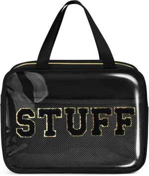 Clear Makeup Bag Transparent Cosmetic Bag Organizer for Women Waterproof Travel Toiletry Bag Portable Make up Bag with Chenille Letter, Large, Black