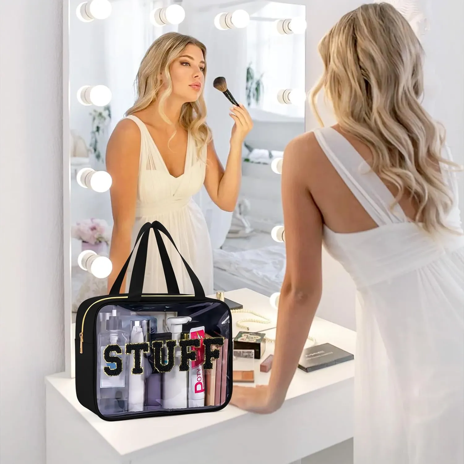 Clear Makeup Bag Transparent Cosmetic Bag Organizer for Women Waterproof Travel Toiletry Bag Portable Make up Bag with Chenille Letter, Large, Black