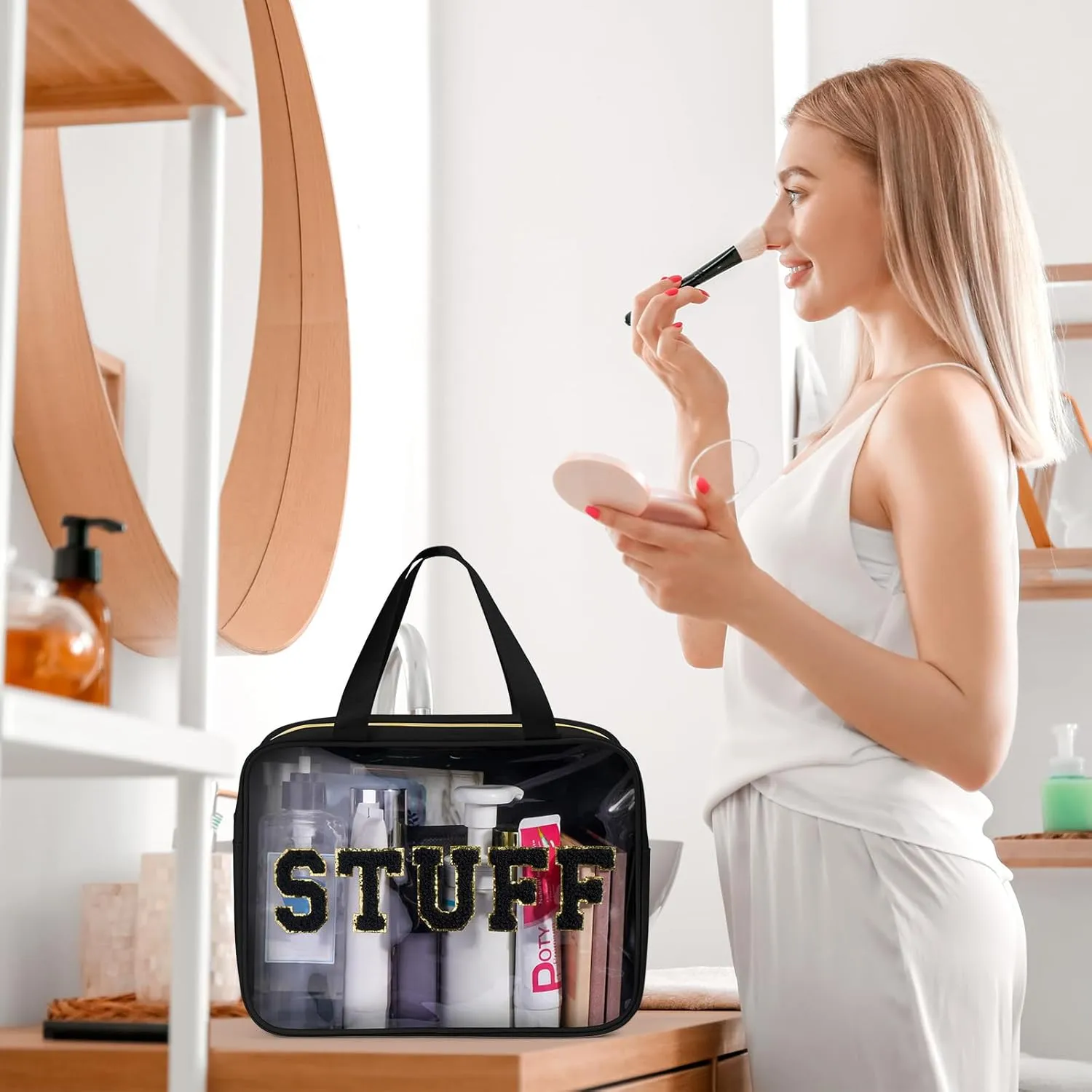 Clear Makeup Bag Transparent Cosmetic Bag Organizer for Women Waterproof Travel Toiletry Bag Portable Make up Bag with Chenille Letter, Large, Black