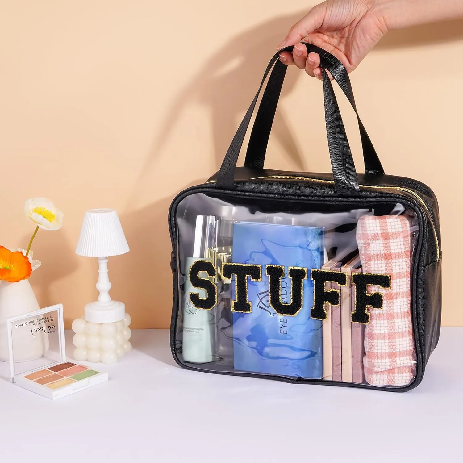 Clear Makeup Bag Transparent Cosmetic Bag Organizer for Women Waterproof Travel Toiletry Bag Portable Make up Bag with Chenille Letter, Large, Black