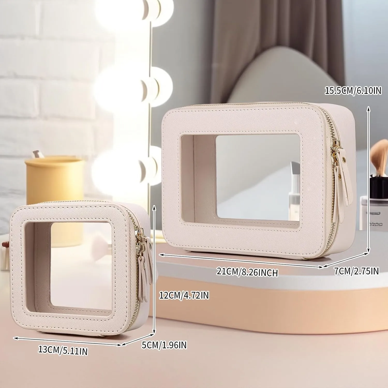 Clear Makeup Bag Waterproof Travel Case for Cosmetics and Toiletries Women's Purse Organizer and Clear Car Bag with Zipper (Beige, M MINI)