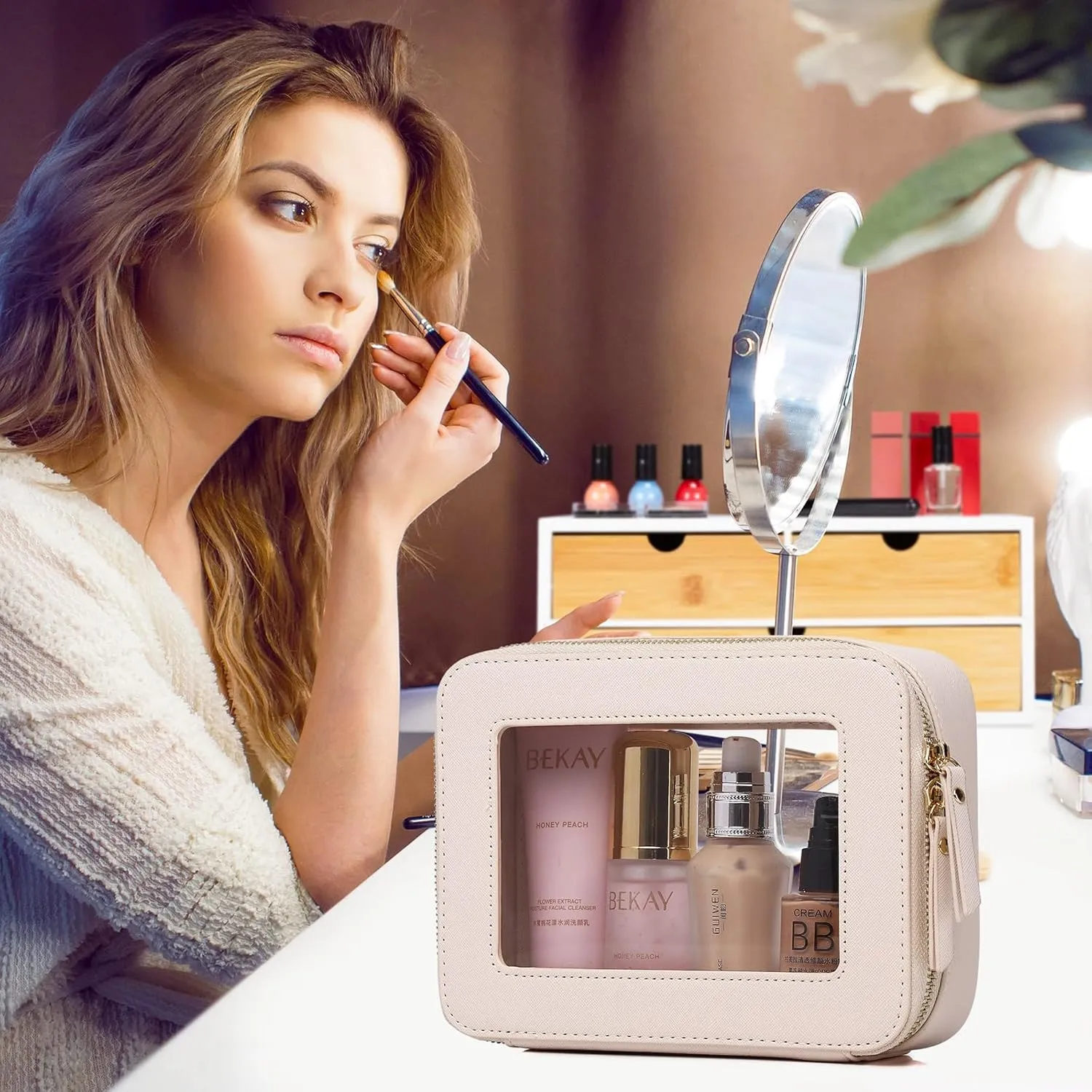 Clear Makeup Bag Waterproof Travel Case for Cosmetics and Toiletries Women's Purse Organizer and Clear Car Bag with Zipper (Beige, M MINI)