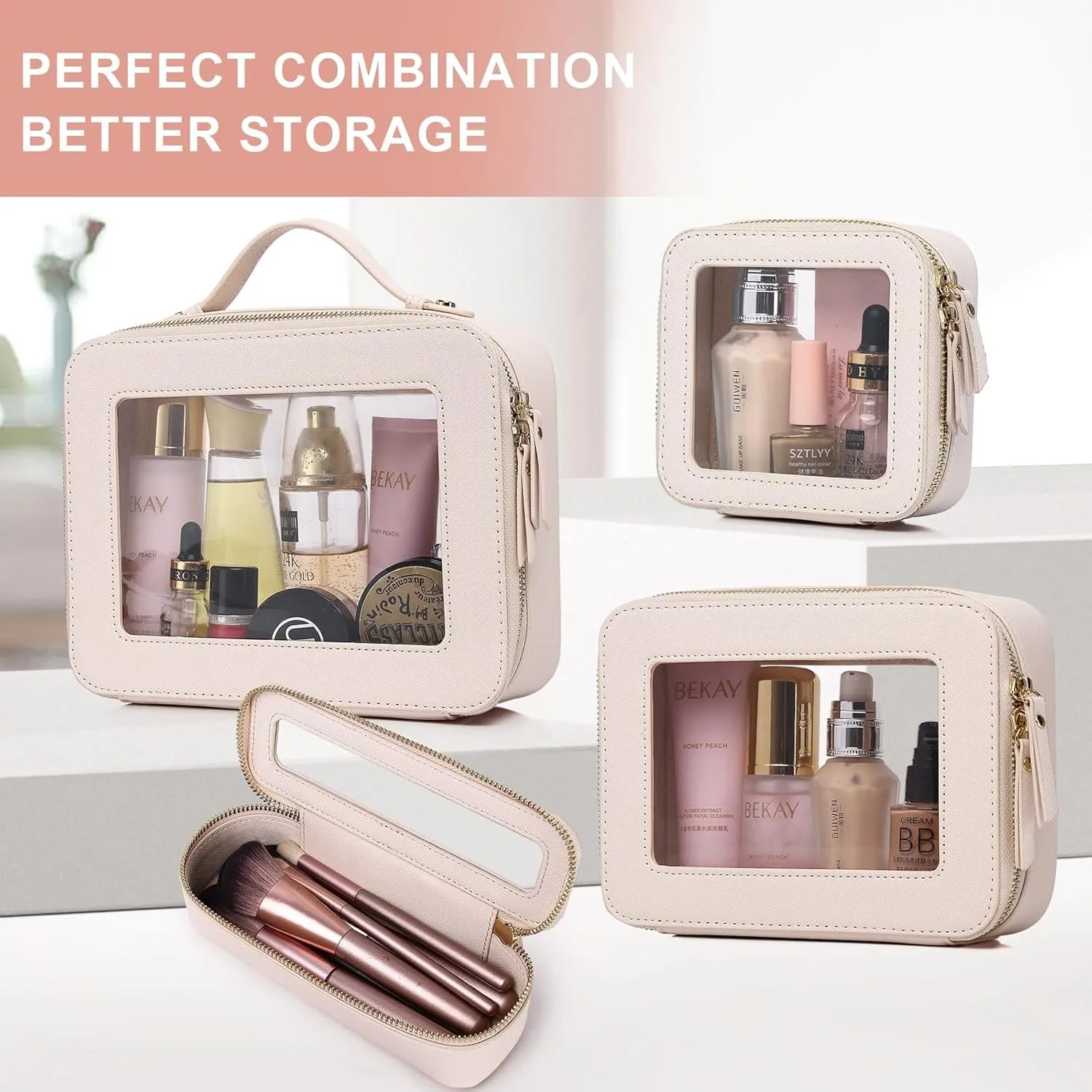 Clear Makeup Bag Waterproof Travel Case for Cosmetics and Toiletries Women's Purse Organizer and Clear Car Bag with Zipper (Beige, M MINI)